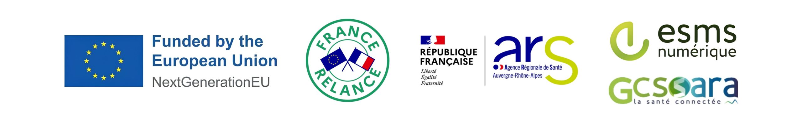 Logos ESMS Numérique : Union Européenne Next Generation, France relance, ARS, ESMS, GC SARA